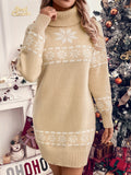 Christmas Pattern Turtle Neck Sweater Dress, Elegant Long Sleeve Knit Dress For Fall & Winter, Women's Clothing