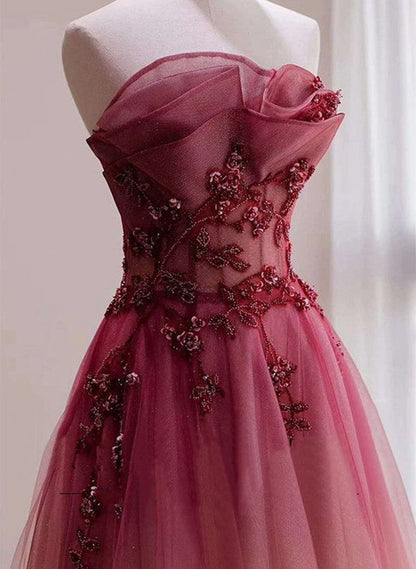 Solvbao Red Beaded Gradient Tulle Long Party Dress, A-line Elegant Lace-up Prom Dress