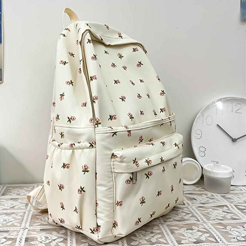 solvbao  All Over Flower Pattern Backpack, Zipper Trendy Rucksack, Women's School Bag, Travel Preppy Daypack