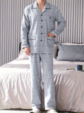 100.00% Cotton 2 Pcs Men's Simple Plaid Lapel Long Sleeve & Trousers Pajama Set, Comfortable & Skin-friendly Style Pajamas For Men's Cozy Loungewear