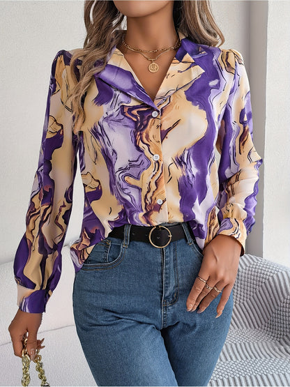 solvbaoGraphic Print Button Front Shirt, Casual Long Sleeve Shirt For Spring & Fall, Women's Clothing