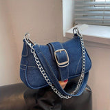 solvbao  Y2K Denim Crossbody Handbag, Chain Decor Shoulder Bag, Buckle Decor Stitch Chain Baguette Bag