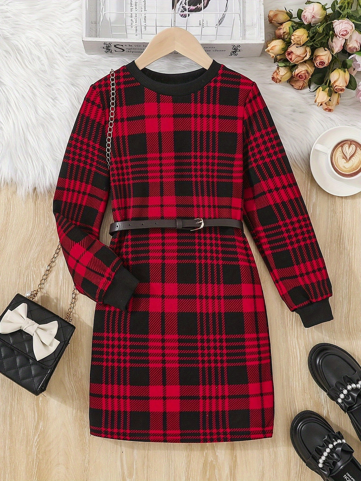 Elegant Two-Tone Plaid & Ribbed Christmas Dress with Belt for Teens - Long Sleeve, Stretch Fabric, Perfect for Spring/Fall