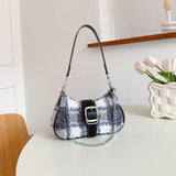 solvbao  Y2K Denim Crossbody Handbag, Chain Decor Shoulder Bag, Buckle Decor Stitch Chain Baguette Bag