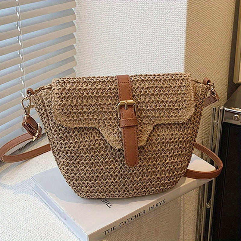 solvbao  Summer Woven Straw Bag, Handmade Crossbody Bag, Boho Style Beach Bag For Travel