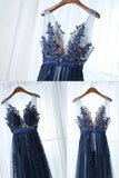 solvbao Navy Blue Lace Applique Tulle Long Formal Gown, Applique Evening Gowns