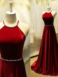 Solvbao A-Line Halter Sleeveless Cross Back Velvet Long Red Gown, Red Formal Dress