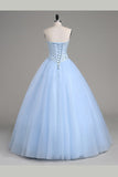 kamahe Light Blue Ball Gown Floor Length Sweetheart Strapless Sleevless Beading Prom Dresses