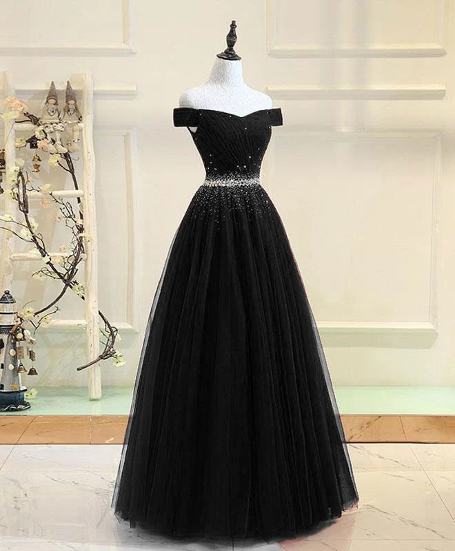 Solvbao Black Tulle A-line Long Party Dress, Black Prom Dress