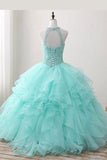 kamahe Mint Ball Gown Floor Length Halter Keyhole Back Beading Ruffles Prom Dresses