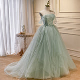 Solvbao Light Green Tulle Beaded Ball Gown Off Shoulder Party Dress, Green Sweet 16 Dress