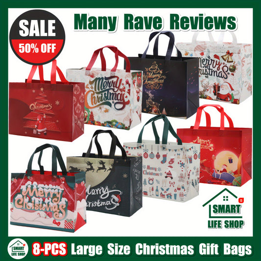 [Customer Favorite] 8pcs Christmas Gift Bag Set - Large Non-Woven Tote Bags with Handles, Reusable Holiday Party Favor & Shopping Bags, 12.6x9.8x6.7 inches - White/Red/Black