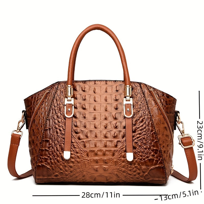 solvbao  Crocodile Embossed Handbag, Elegant PU Crossbody Bag, Women's Top Handle Satchel Purse