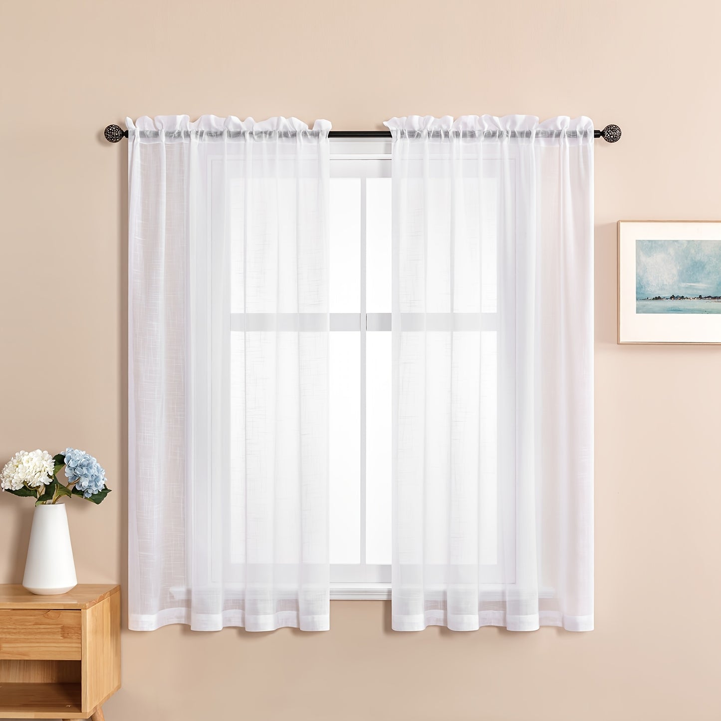 1-Panel Short Linen White Tulle Sheer Curtain for Modern Kitchen, Living Room, and Bedroom Window Treatments with Drapes for Home Decor