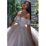 Shining Off Shoulder Sequined Ball Gown Wedding Dress Pleat Puffy Skirt Bridal Gown Sparkly Princess Arabic Dubai Vestido De Mairage