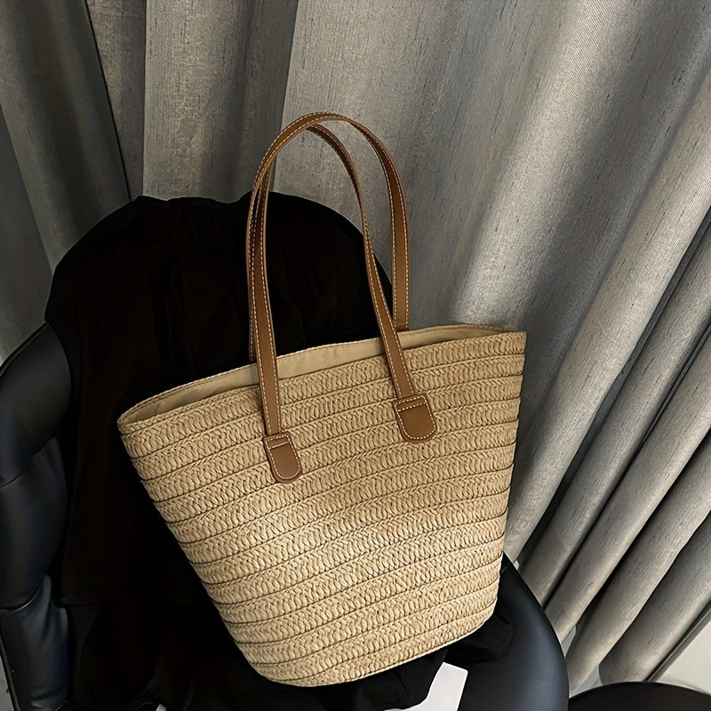 solvbao  Woven Straw Tote Bag, Portable Double Handle Stylish Handbag, Zipper Braided Straw Slouchy French Style Beach Bag