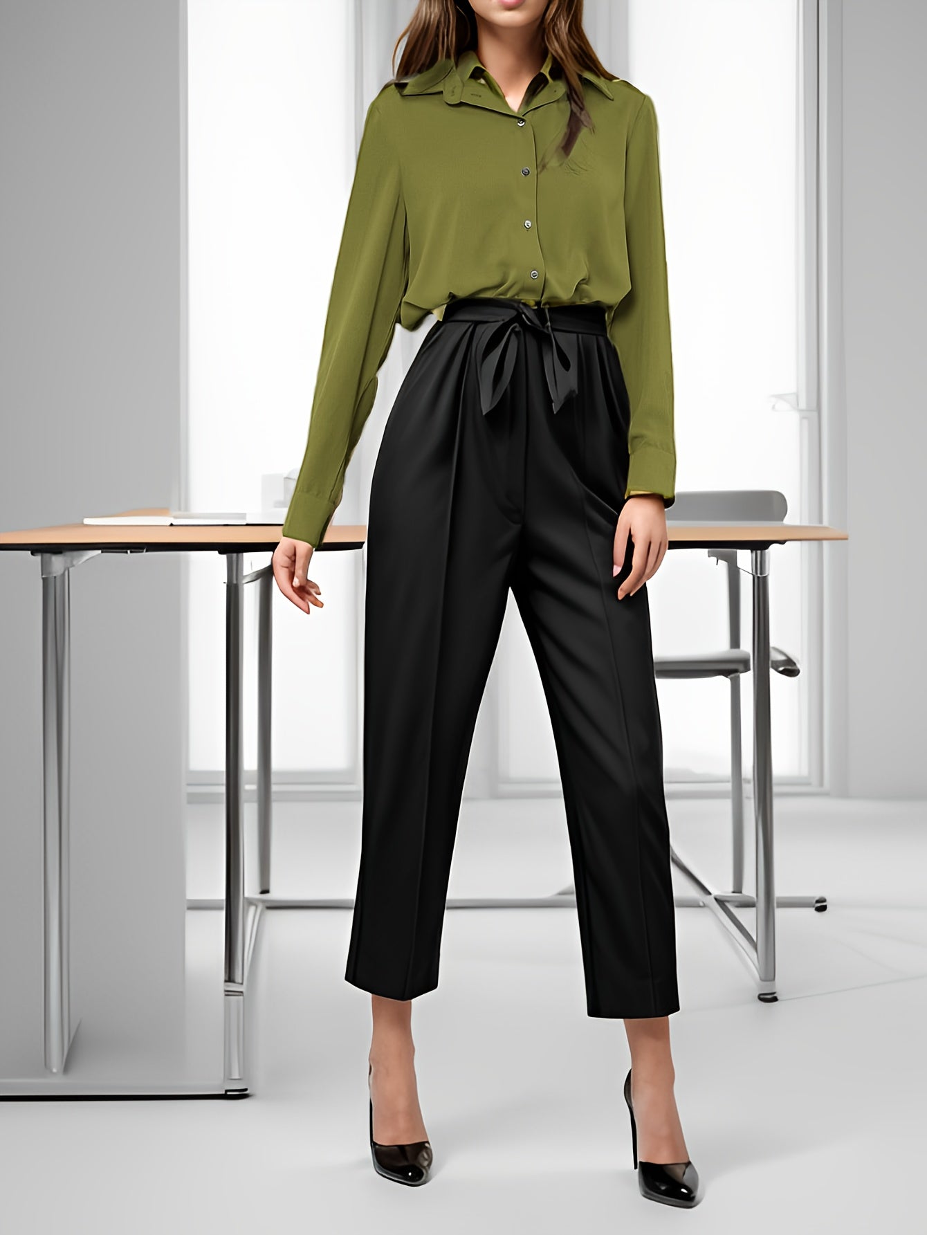 solvbao  Solid Button Front Simple Shirt, Elegant Long Sleeve Shirt For Spring & Fall, Women's Clothing