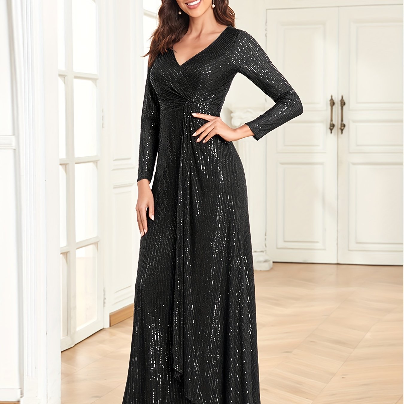 solvbaoSequins V Neck Evening Dress, Elegant Long Sleeve Waist Guest Prom Cocktail Floor Length Dress, Women's Clothing