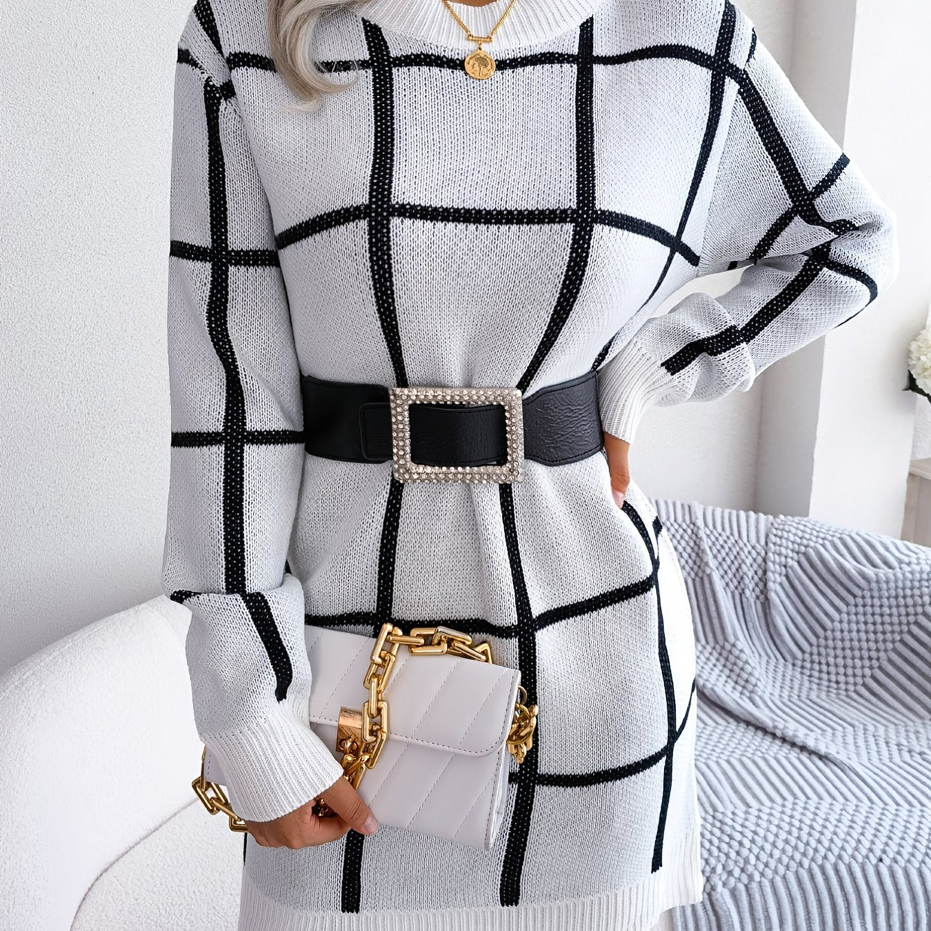 solvbaoColor Block Plaid Round Neck Long Sleeve Sweater Dress, Bag Hip Casual Bodycon Loose Dress, Women's Clothing