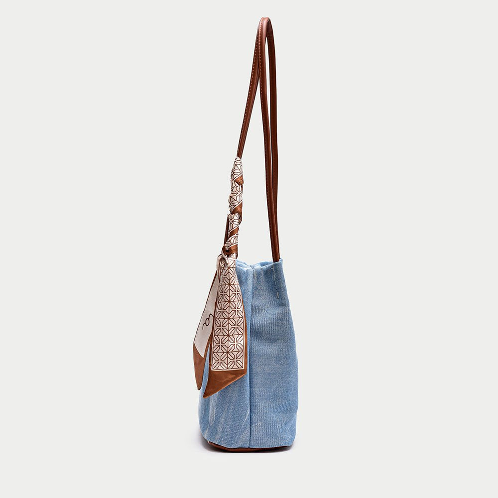 solvbao  Large Capacity Denim Canvas Shoulder Bag With Twilly Scarf Decor