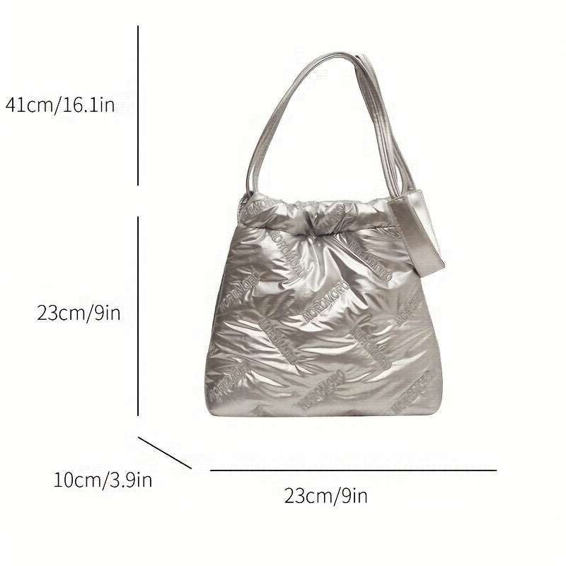 solvbao  Soft Down Padded Bucket Bag, Metallic Puffer Crossbody Bag, Fashion Drawstring Shoulder Bag For Women