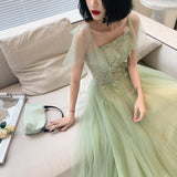 solvbao Beautiful Green Tulle Long Prom Dress with Lace, Green Evening Party Dresses