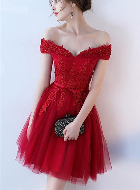 solvbao Wine Red Off Shoulder Short Simple Homecoming Dress, Dark Red Prom Dress