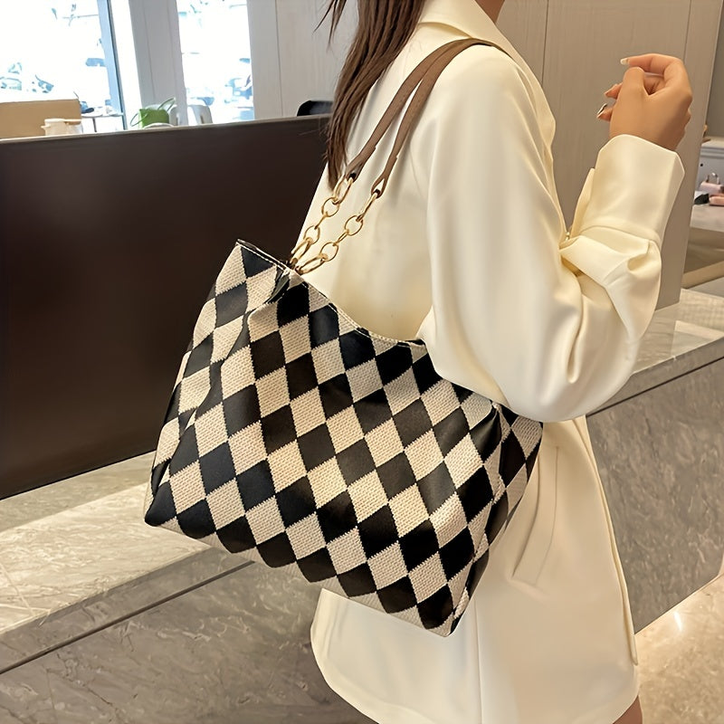 solvbao  Classic Geometric Pattern Tote Bag, Vintage Shoulder Women's Office Bag, All-Match PU Leather Bag