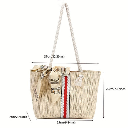 solvbao  Striped Pattern Straw Tote Bag, Travel Beach Shoulder Bag, Simple Bag With Scarf Decor