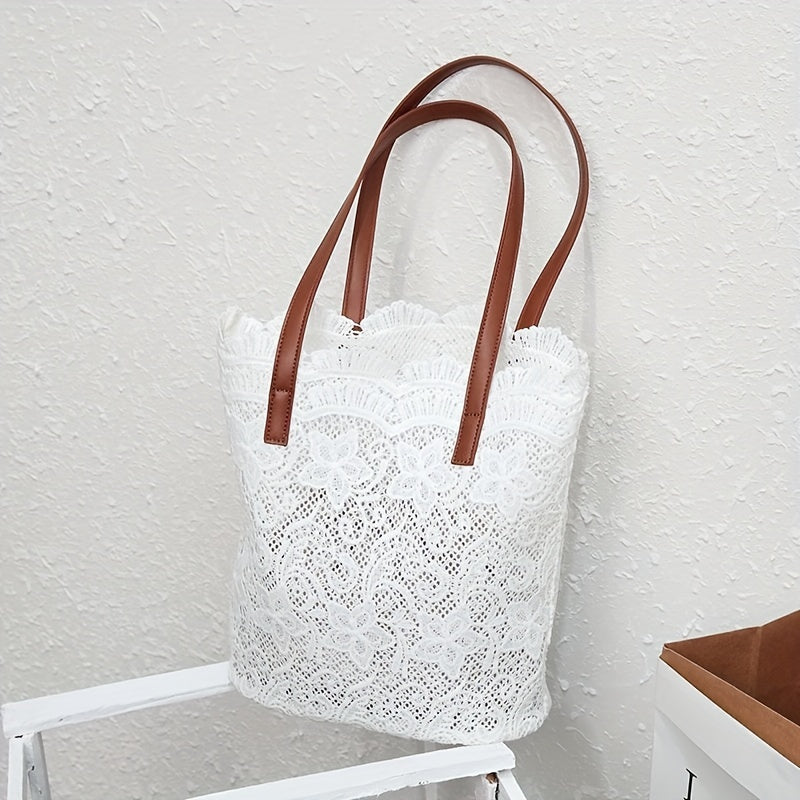 solvbao  Fashion Floral Lace Tote Bag, Hollow Out Design Shoulder Bag, Literary Handbags For Women