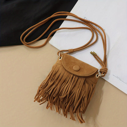 solvbao Mini Suede Crossbody Bag, Boho Style Tassel Flap Purse, Vintage Fringe Phone Bag For Women