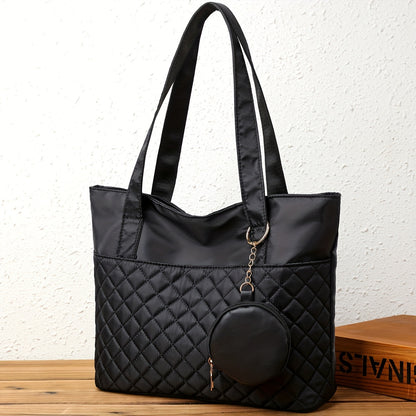 solvbao  Simple Argyle Quilted Tote Bag, Casual Large Shoulder Bag, Versatile Shopping Bag With Coin Purse