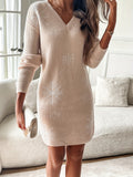 Elegant Snowflake V-Neck Sweater Dress for Women - Polyester, Ribbed Detail, Perfect for Fall & Winter (Belt Not Included)