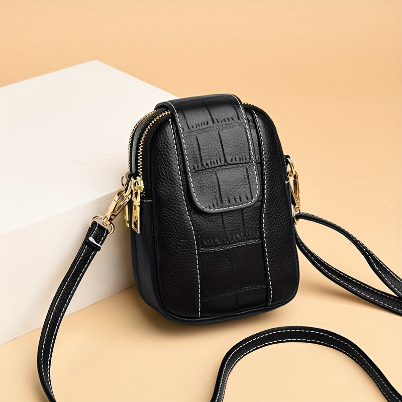 solvbao  Mini Stone Embossed Crossbody Bag, Fashion Flap Mobile Phone Bag, Women's Multi Layer Shoulder Purse