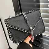 solvbao Stylish Square Flap Shoulder Bag, Tassel Decor Rivet Decor Crossbody Bag For Women