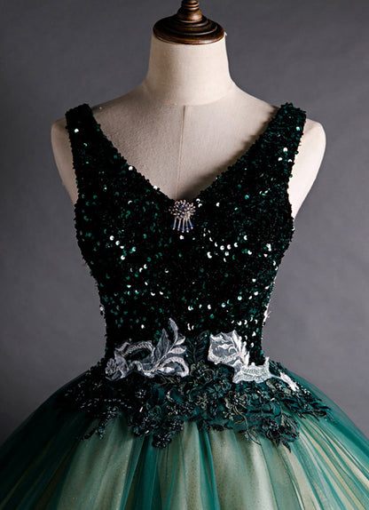 Solvbao Green Ball Gown V-neckline Sequins Long Formal Dress, Green Sequins Prom Dress