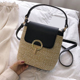 solvbao Woven Straw Weaving Handbag, Stylish Flap Slouchy Crossbody Bag, Portable Handle Faux Leather Versatile Shoulder Bucket Bag