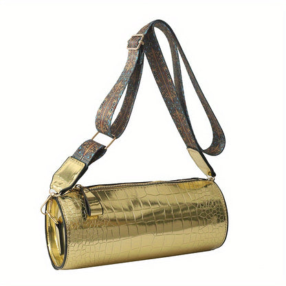 solvbao  Glossy Crocodile Pattern Bucket Bag, Metallic Color Crossbody Bag, Trendy Cylinder Purse With Wide Guitar Strap