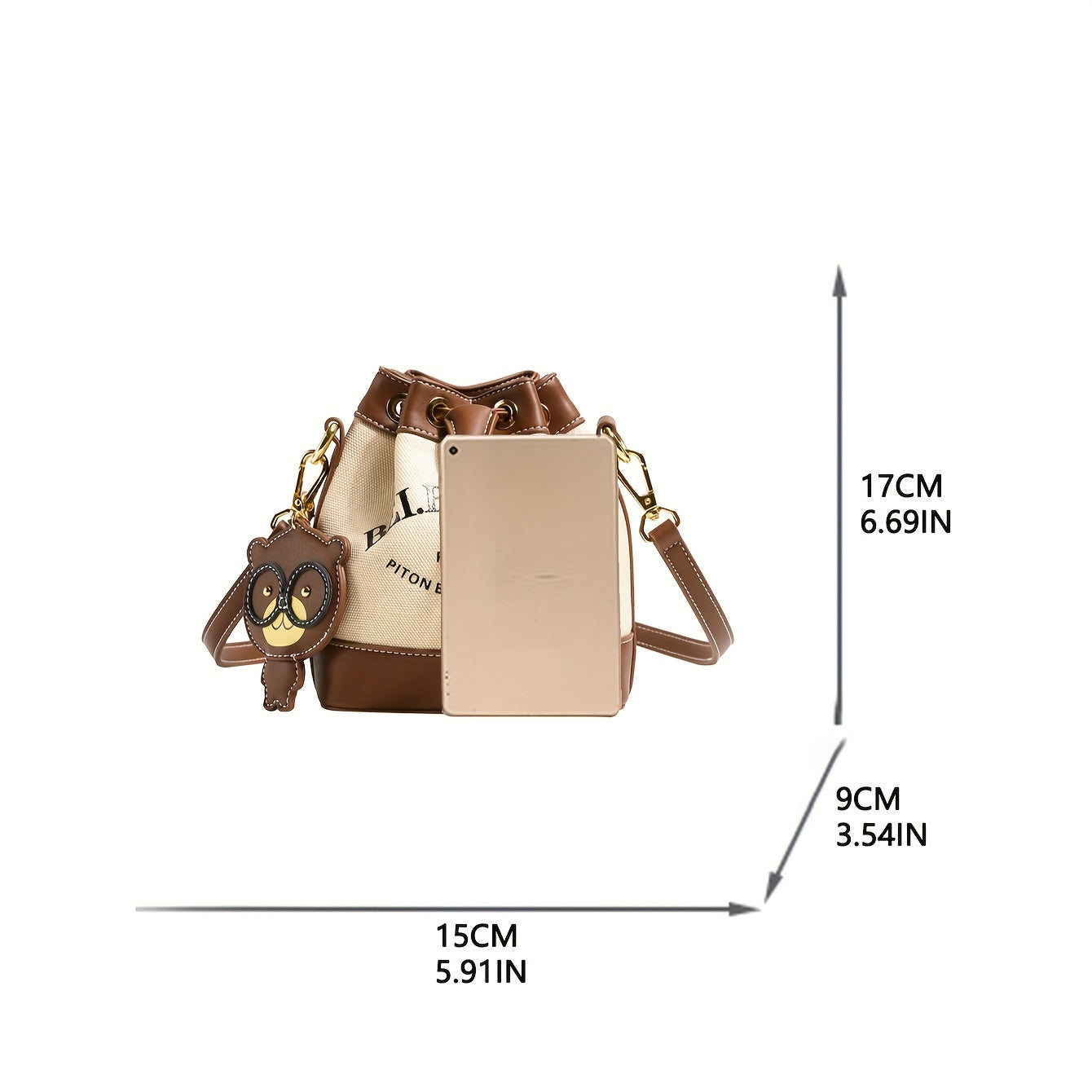 solvbao Letter Graphic Bucket Bag For Women, Canvas Stitching Crossbody Bag, Drawstring Shoulder Purse With Pendant