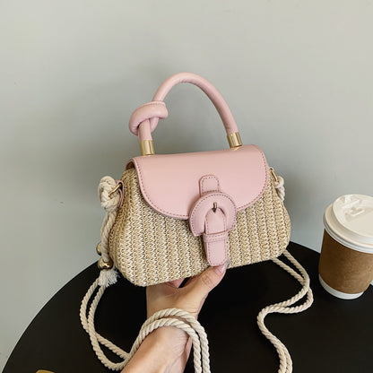 solvbao  Mini Straw Handbag, Braided Strap Crossbody Bag, Knot Handle Flap Purse For Women (7.91*5.54*2.37) Inch