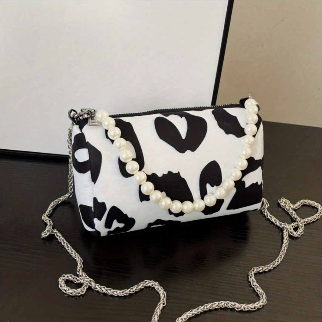 Trendy Cow Tattoos Mini Crossbody Bag, Canvas Zipper Handbag With Faux Pearls Handle, Perfect Shoulder Bag For Daily Use