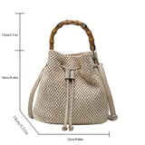 solvbao Bamboo Handle Straw Bag, Women's Drawstring Design Bucket Bag, Trendy Summer Beach Handbag