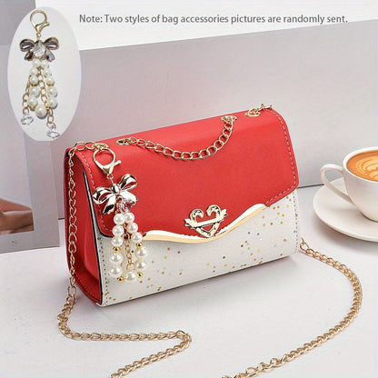 solvbao  Star Sequins Crossbody Bag, Fashion Chain Shoulder Bag, Heart & Bow Decor Square Purse For Women