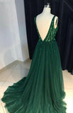 solvbao Tulle Dark Green Sparkly Sequins Beaded V-neck Prom Dresess, Green Evening Gowns, Women Formal Dresses