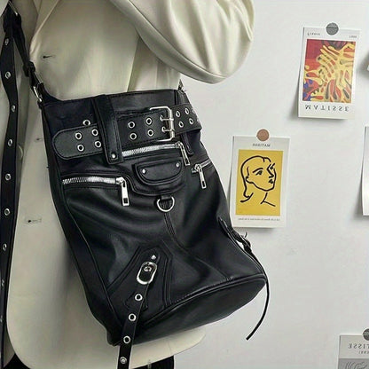 solvbao  Punk Style Crossbody Bag, Eyelet Belt Decor Hobo Bag, Gothic Studded Decor Shoulder Bag