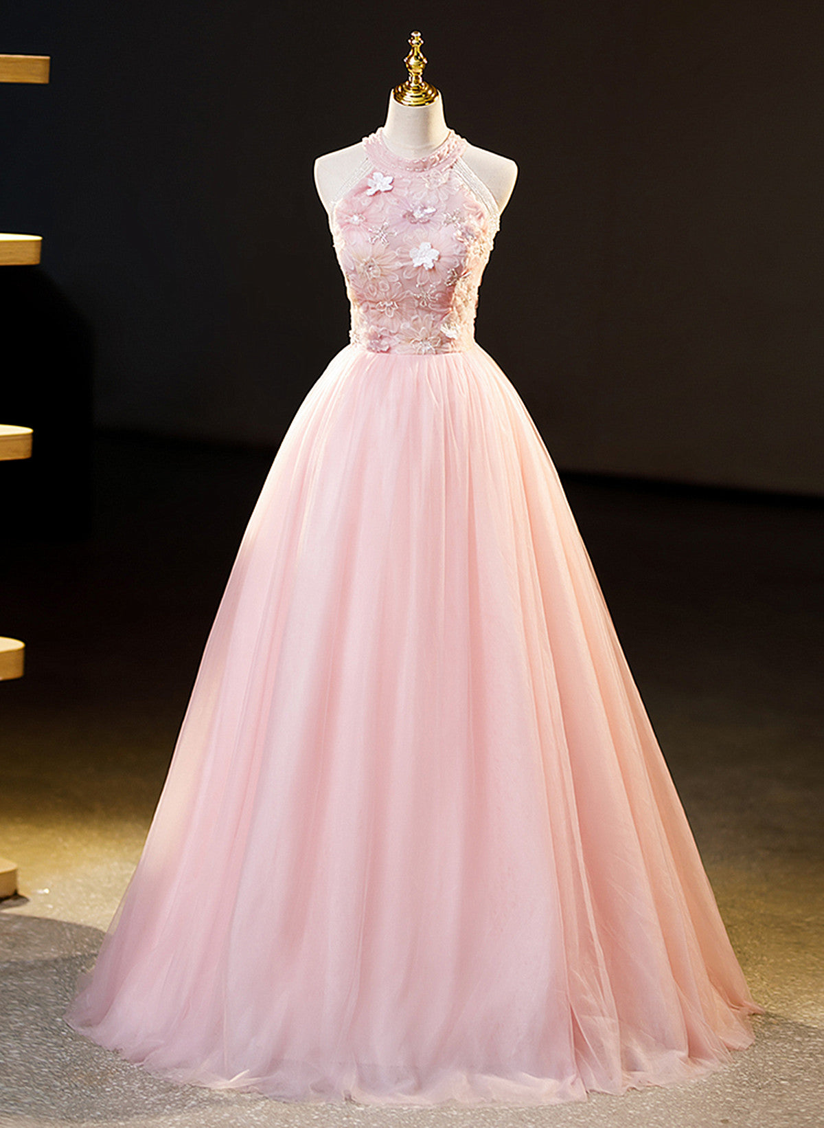 Solvbao Pink Tulle and Floral Lace Halter Long Formal Dress, Pink Tulle Sweet 16 Dress