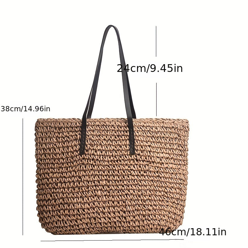 solvbao  Women's Straw Tote Shoulder Bag, Large Capacity Bag, Simple Woven Bag For Travel