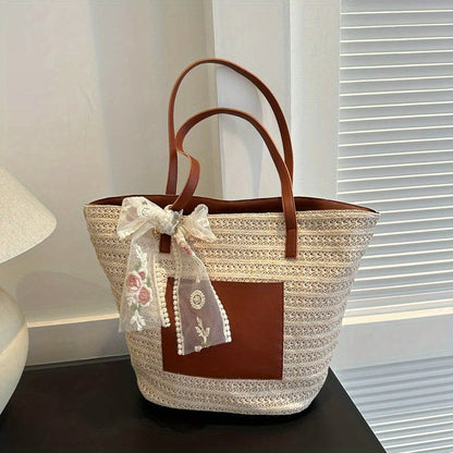 solvbao  Bohemian Vacation Tote Straw Bag, Colorblock Summer Travel Tote Bag, Lace Scarf Decor Ladies Bag