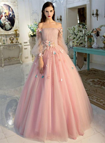 Solvbao Pink Flowers Puffy Sleeves Tulle Long Party Dress, Ball Gown Pink Sweet 16 Gown