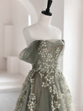 solvbao Charming Green Tulle Off Shoulder Party Dress, Green Long A-line Formal Dress